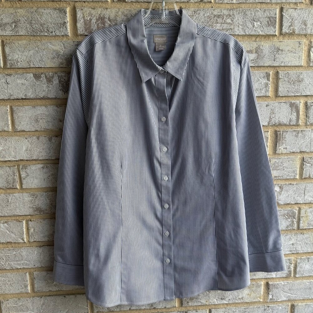 Chico's Long Sleeve Button Up Collared White/Gray Striped Shirt Size 3 (16/18)
